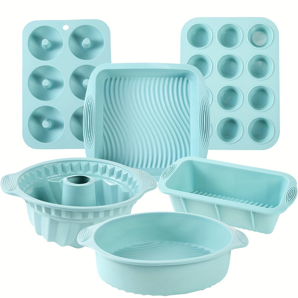 6-piece silicone baking mold set. Flexible, nonstick kitchen bakeware for cakes, muffins, donuts, & bread.