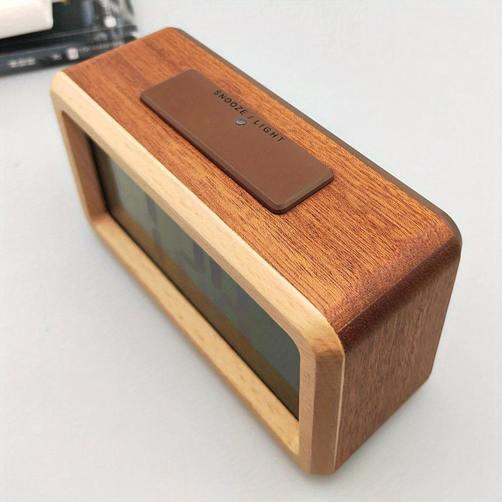 Bedside wooden digital alarm clock. LED display for time, date, & temperature. Great for desk decor.
