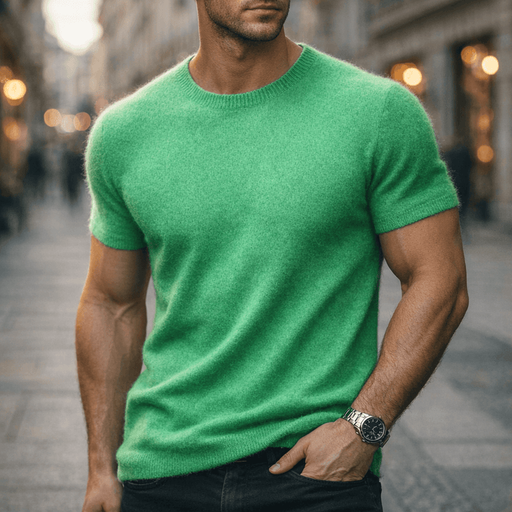 Men's short sleeve crew neck knitted t-shirt in a smart casual style, perfect for versatile everyday wear.