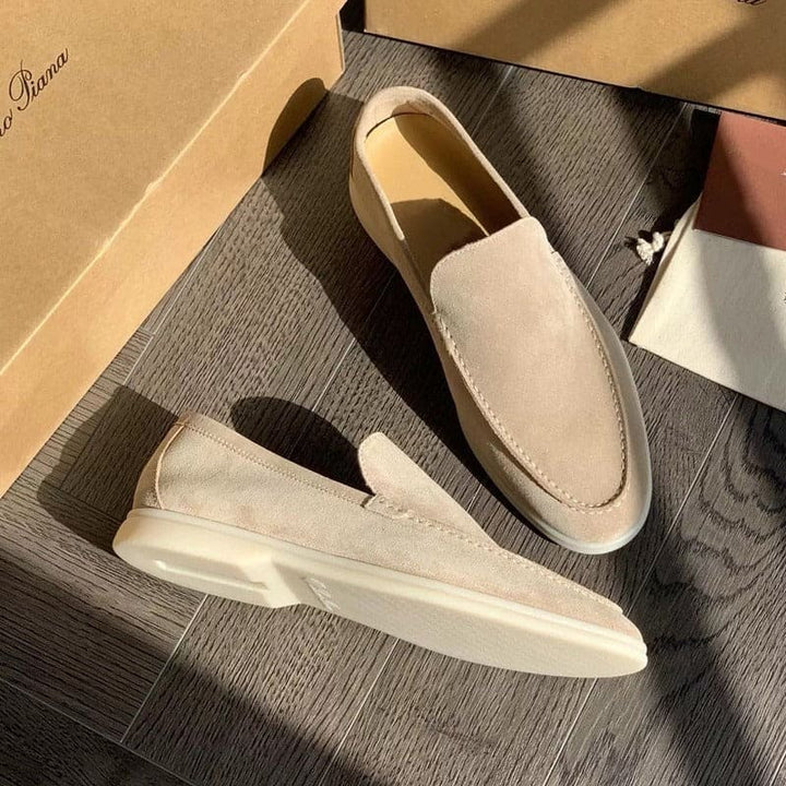 Beige men's slip-on loafers, perfect for a smart casual look or versatile everyday fashion.