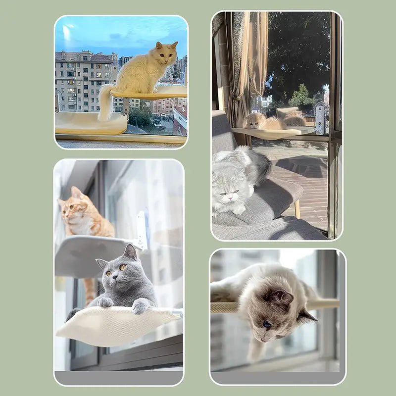 Comfortable cat window bed, a cozy suction cup perch designed for feline relaxation & a perfect view.