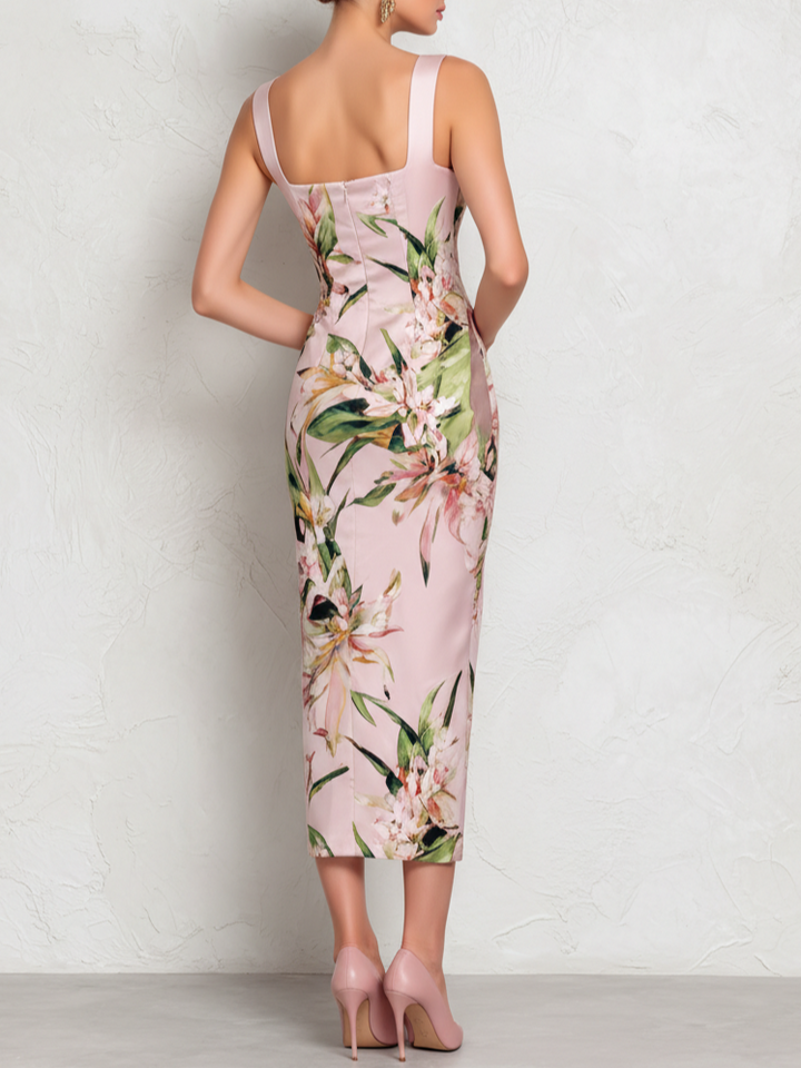 Elegant women's pink floral midi dress with a stylish square neck, ideal for summer occasions & events.