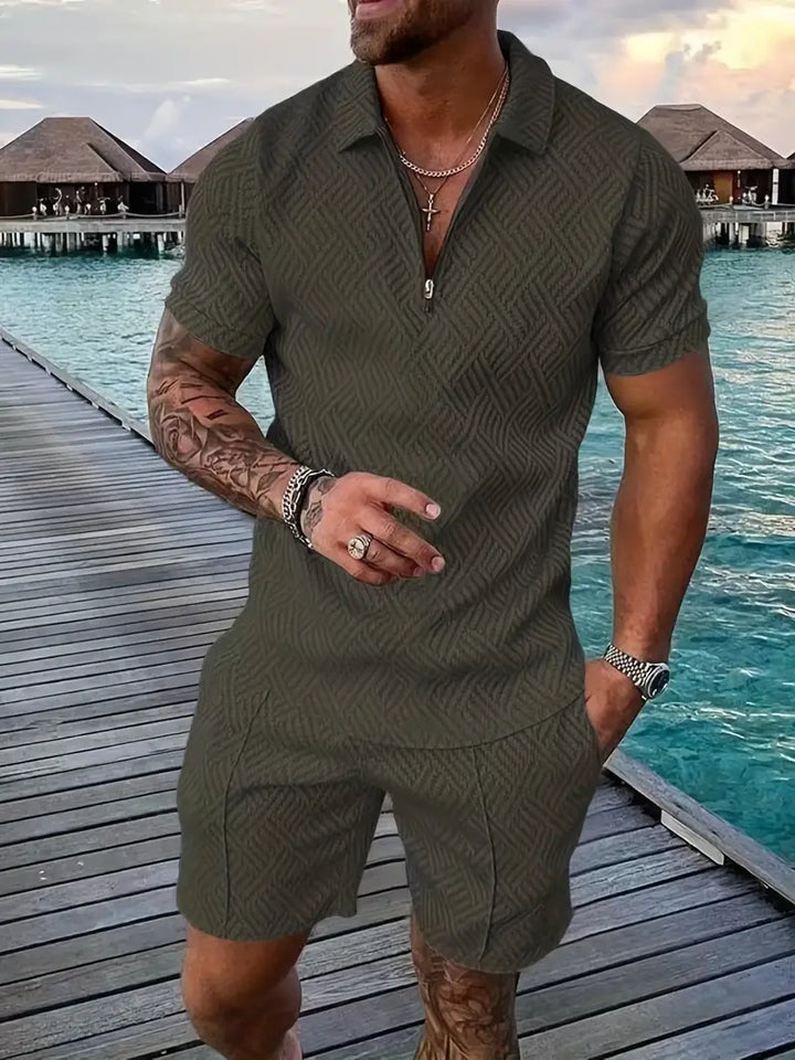 Men's two-piece geometric summer outfit, ideal for beach, vacation, or casualwear.