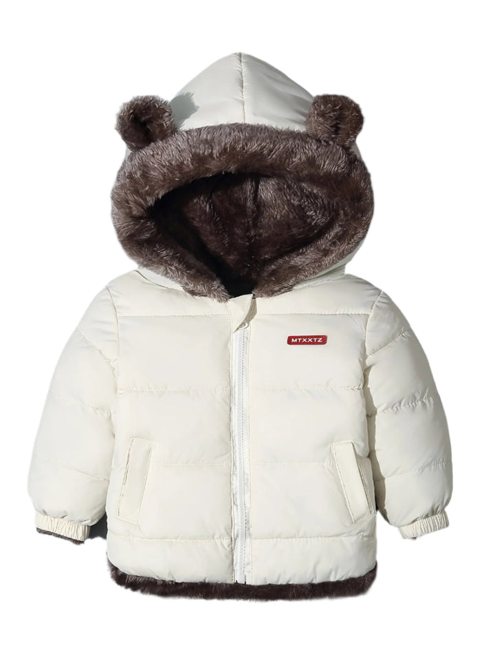 Adventure-ready toddler Bear Hug winter coat with playful bear ear design for maximum warmth & fun.