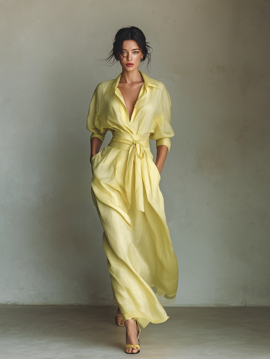 Vibrant yellow maxi shirt dress for women, featuring a flattering tie belt and three-quarter sleeves. Ideal for summer.