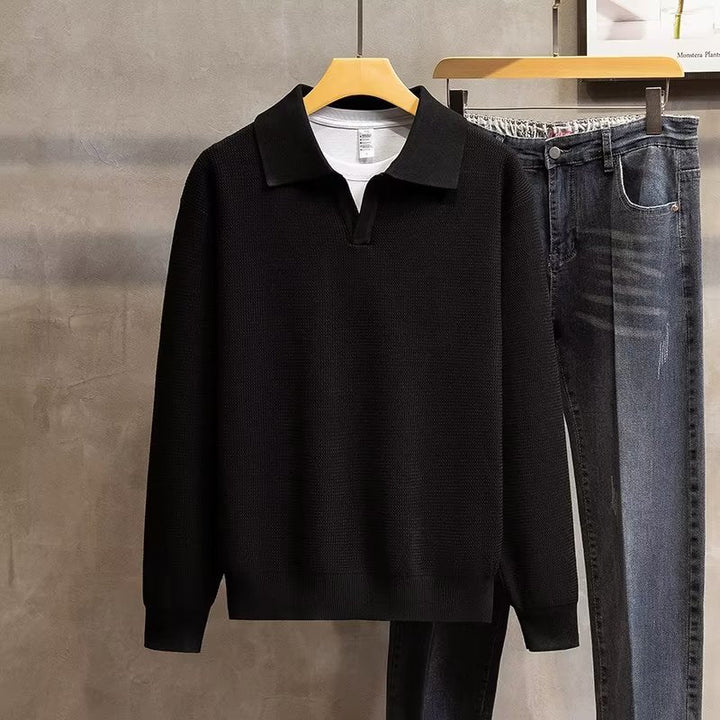 Full view of an elegant men's long sleeve polo sweater with distinct ribbed knit details for autumn/winter.
