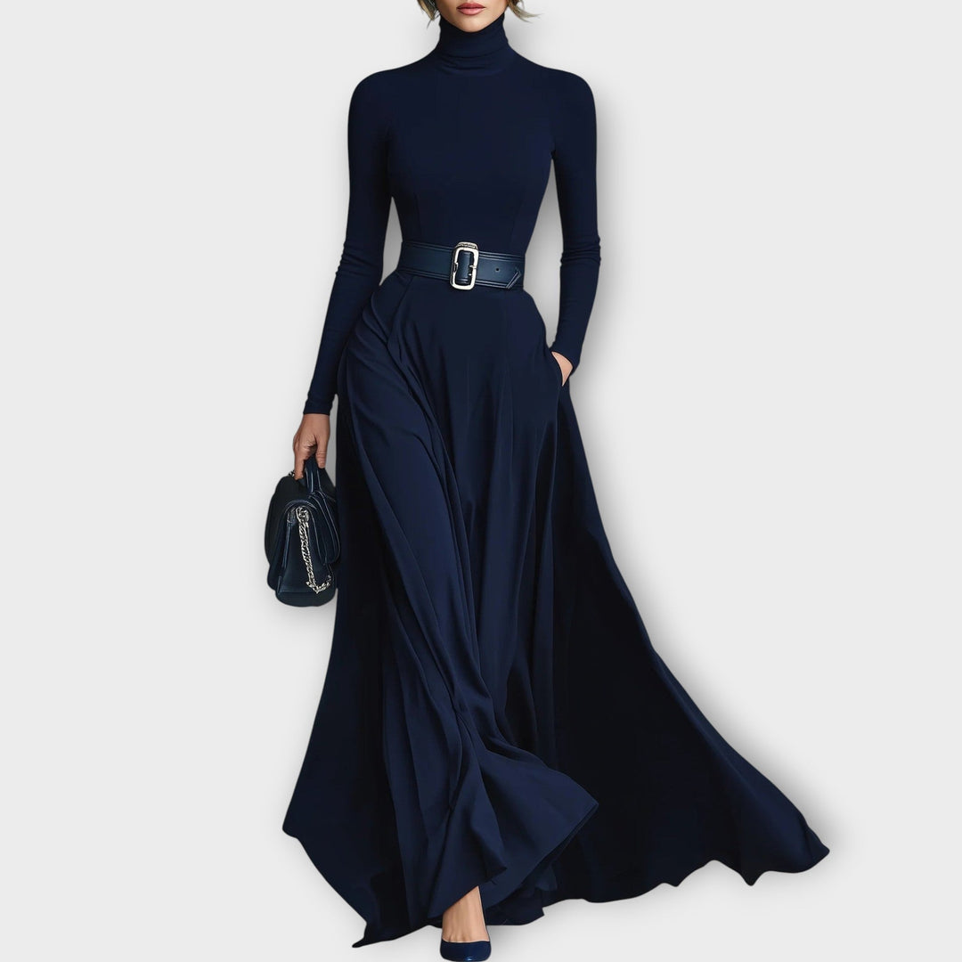 Elegant women's high-neck maxi dress, perfect for formal evening events. Sophisticated timeless long flowing design.