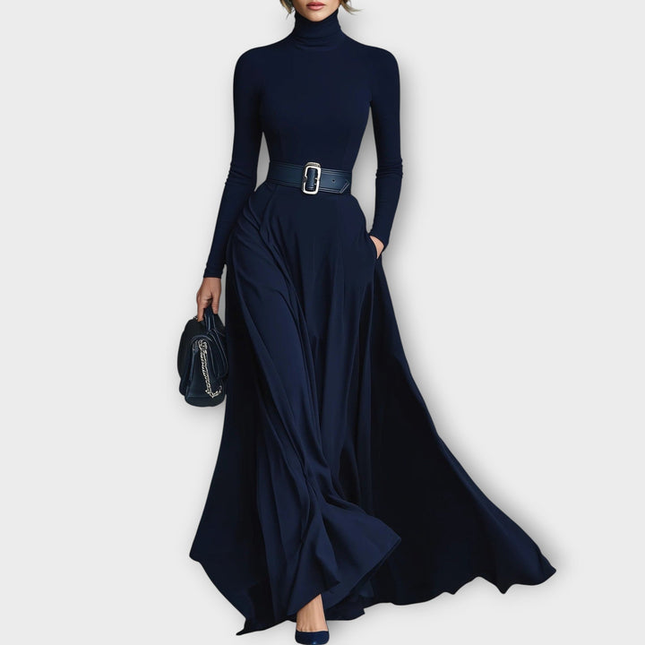 Elegant women's high-neck maxi dress, perfect for formal evening events. Sophisticated timeless long flowing design.