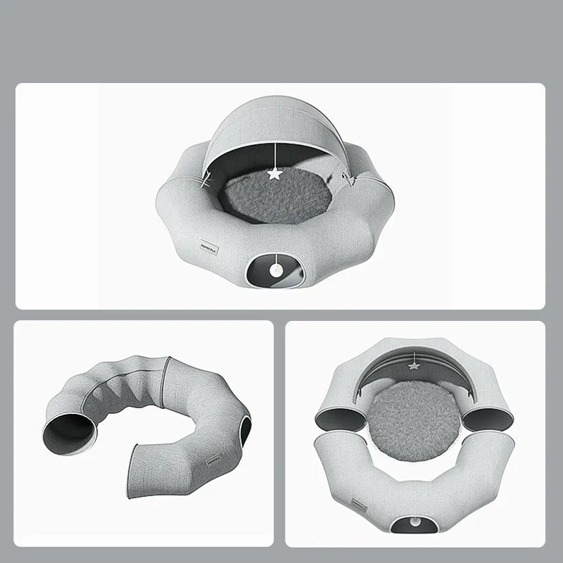 Deluxe cozy pet bed designed for cats & small dogs, featuring a privacy roof & playful toy. Enhances pet comfort.