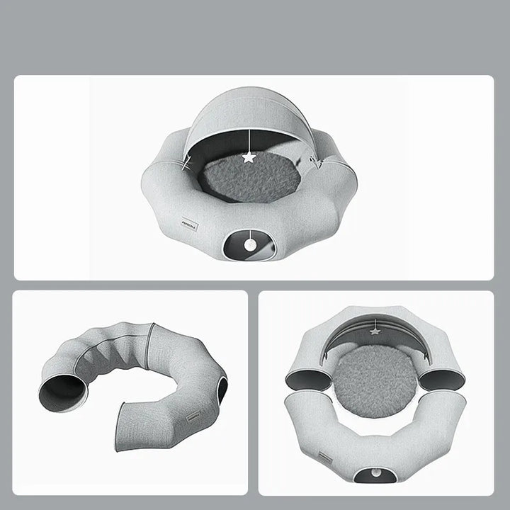 Deluxe cozy pet bed designed for cats & small dogs, featuring a privacy roof & playful toy. Enhances pet comfort.