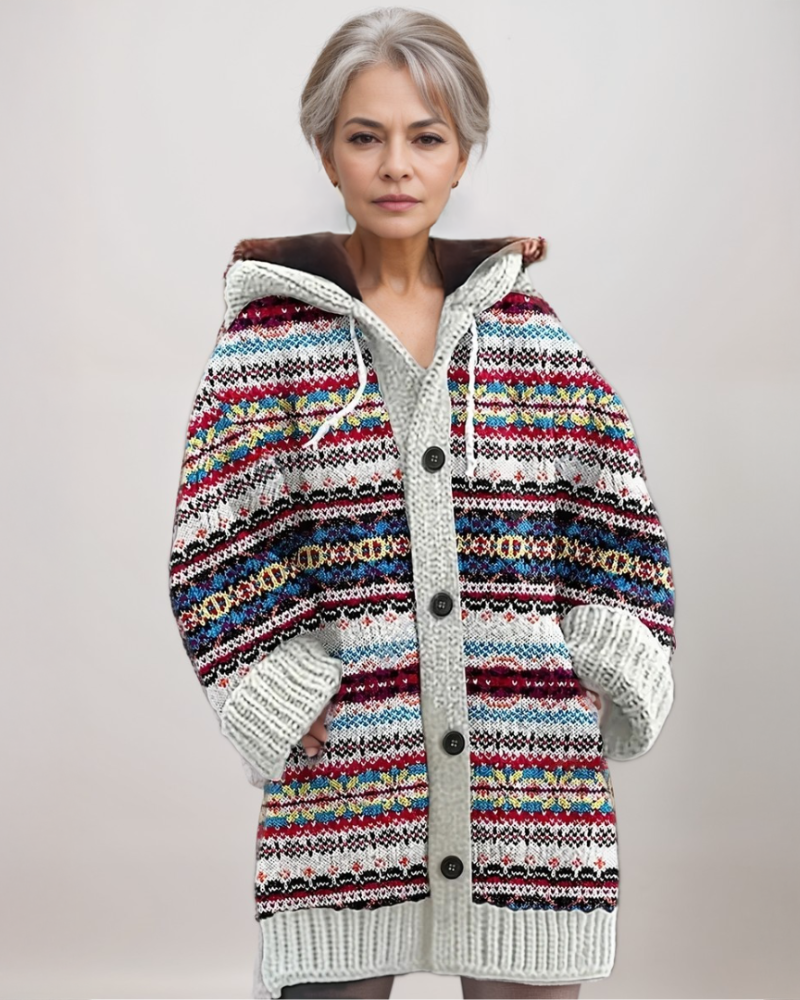 Women's soft knit hooded cardigan, button-up, perfect for winter layering. Cozy and warm everyday wear.