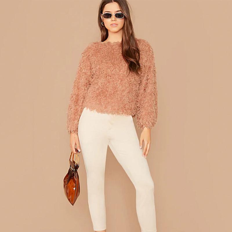 Stylish women's long sleeve round neck sweater, featuring a plush texture for fall & winter comfort.