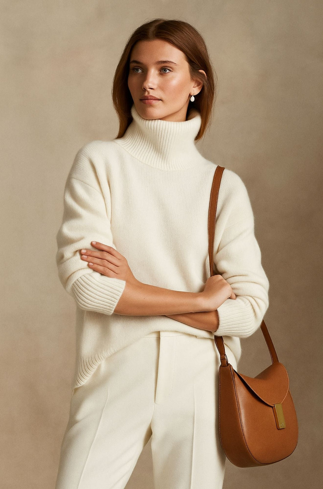Relaxed fit women's turtleneck sweater, perfect for casual, comfortable winter style.