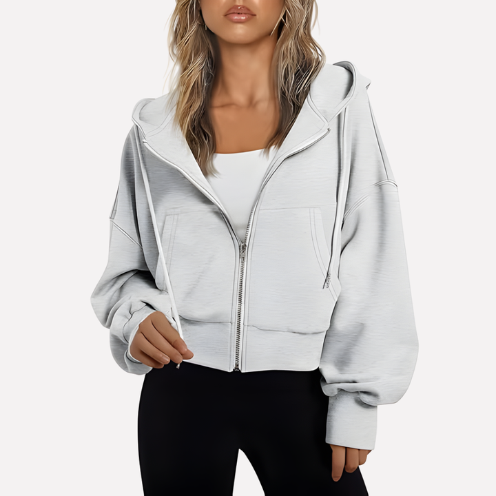 Women's fashion: cropped zip hoodie, relaxed fit for a chic, modern look.