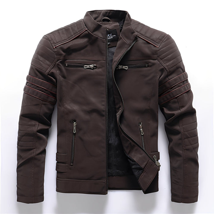 Stylish men's biker jacket, robust outerwear. Perfect for motorcycle enthusiasts & winter fashion.