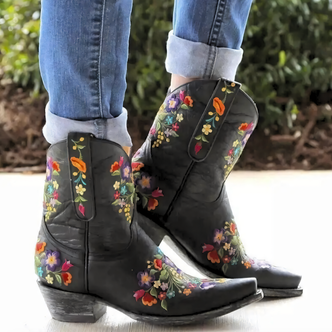 Weatherproof women's western boots with non-slip sole, durable and comfortable for outdoor adventures & festival dancing.