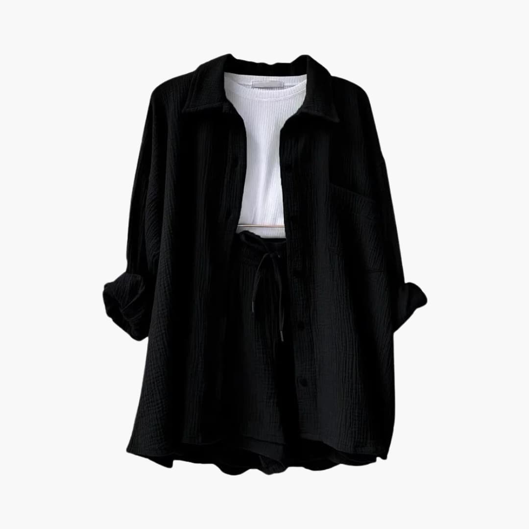 Versatile women's three-piece outfit: long sleeve shirt, matching crop top & pull-on high-waisted shorts.