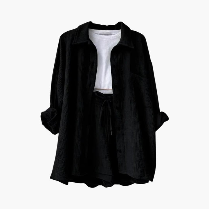 Versatile women's three-piece outfit: long sleeve shirt, matching crop top & pull-on high-waisted shorts.
