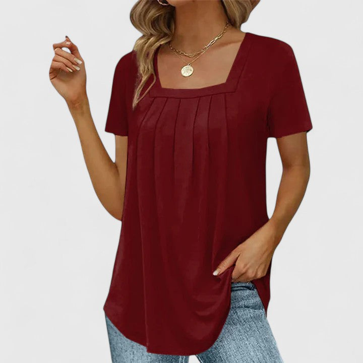 Flattering pleated women's summer top with a stylish square neckline & short sleeves. Elegant & comfy.