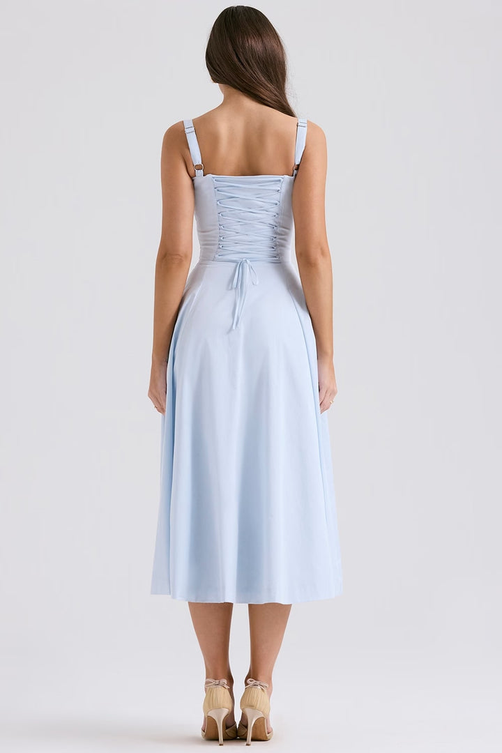 Back view of a women's elegant blue midi dress, showcasing the corset and lace-up design.