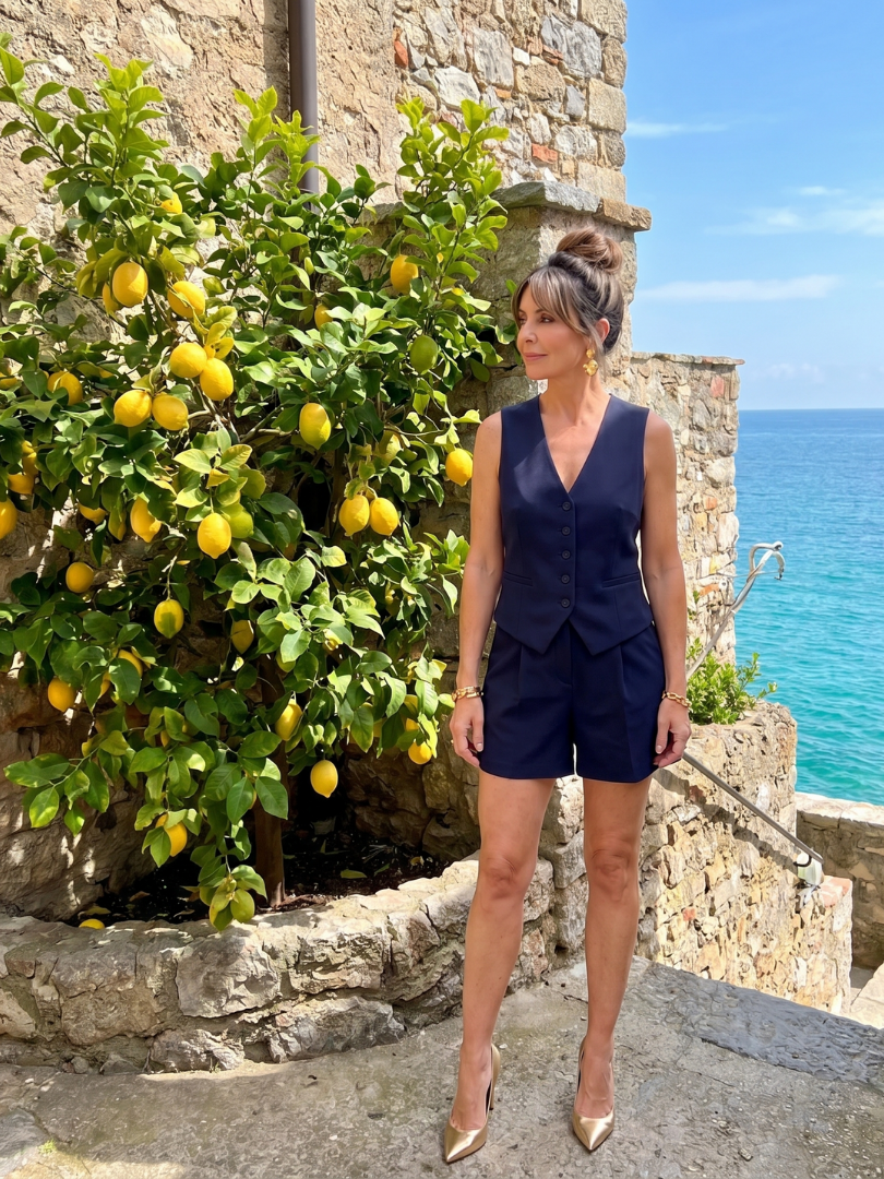 Comfortable & chic women's tailored sleeveless vest & shorts set, a smart v-neck summer outfit for fashion.