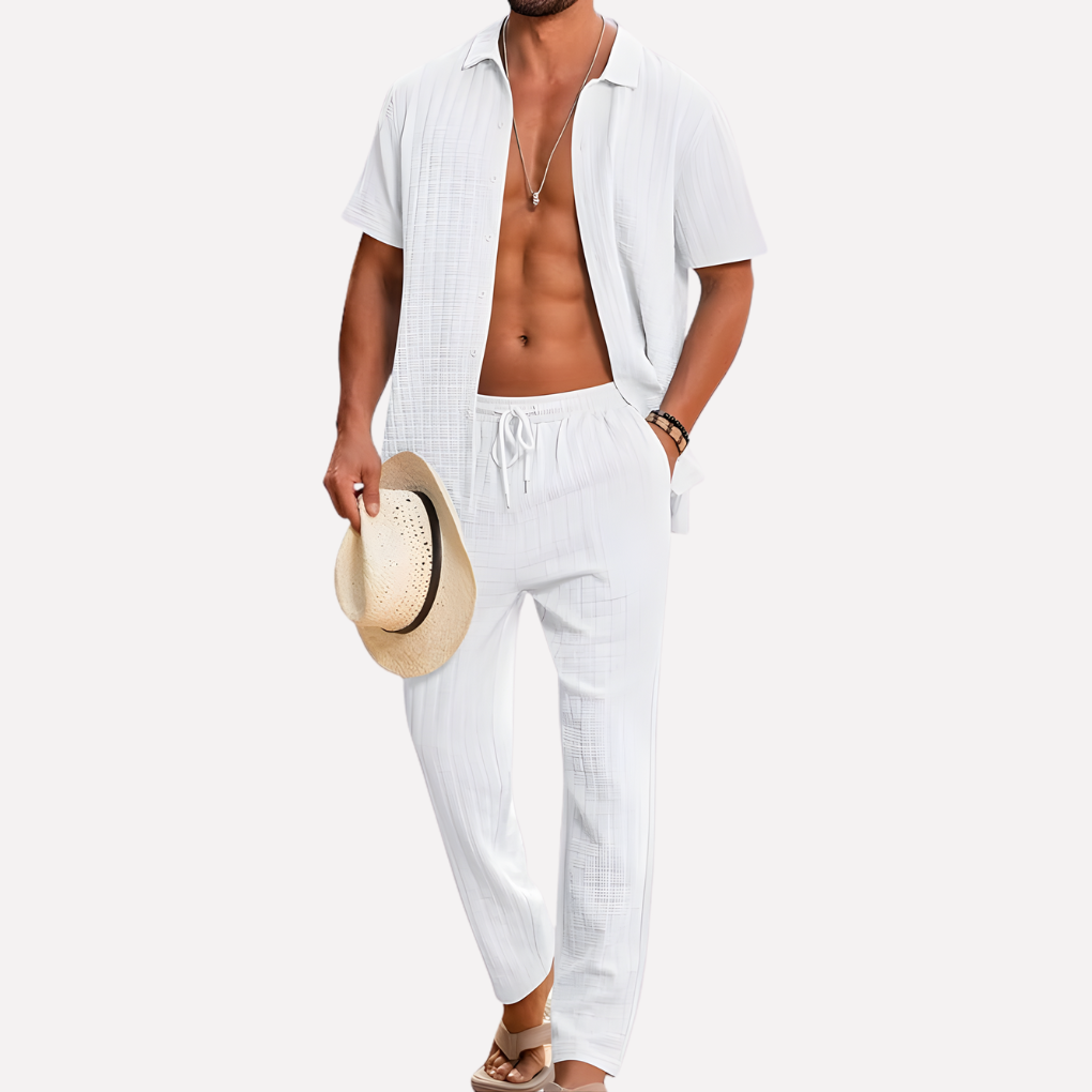 Men's summer two-piece: a fashionable textured shirt & breathable relaxed fit trousers.