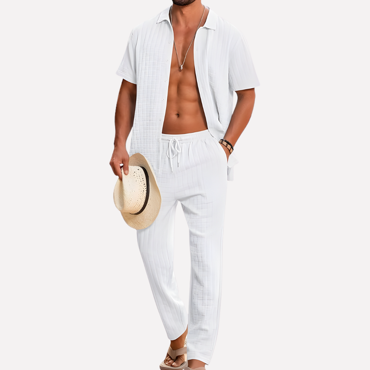 Men's summer two-piece: a fashionable textured shirt & breathable relaxed fit trousers.