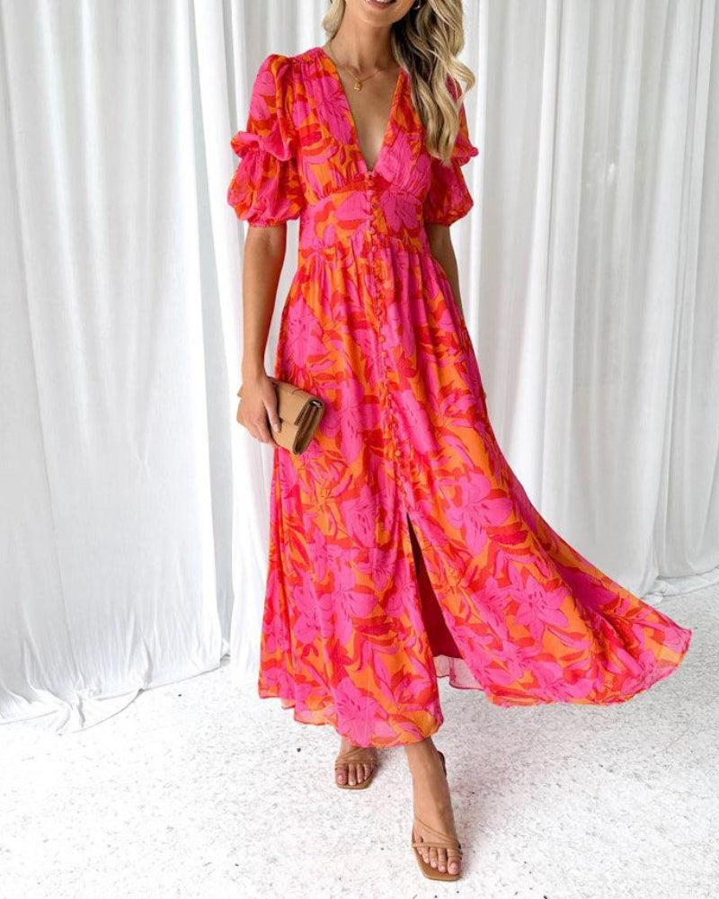 Elegant Women's Puffed Sleeve Maxi Dress with V-Neck and flowing printed design, perfect for summer.