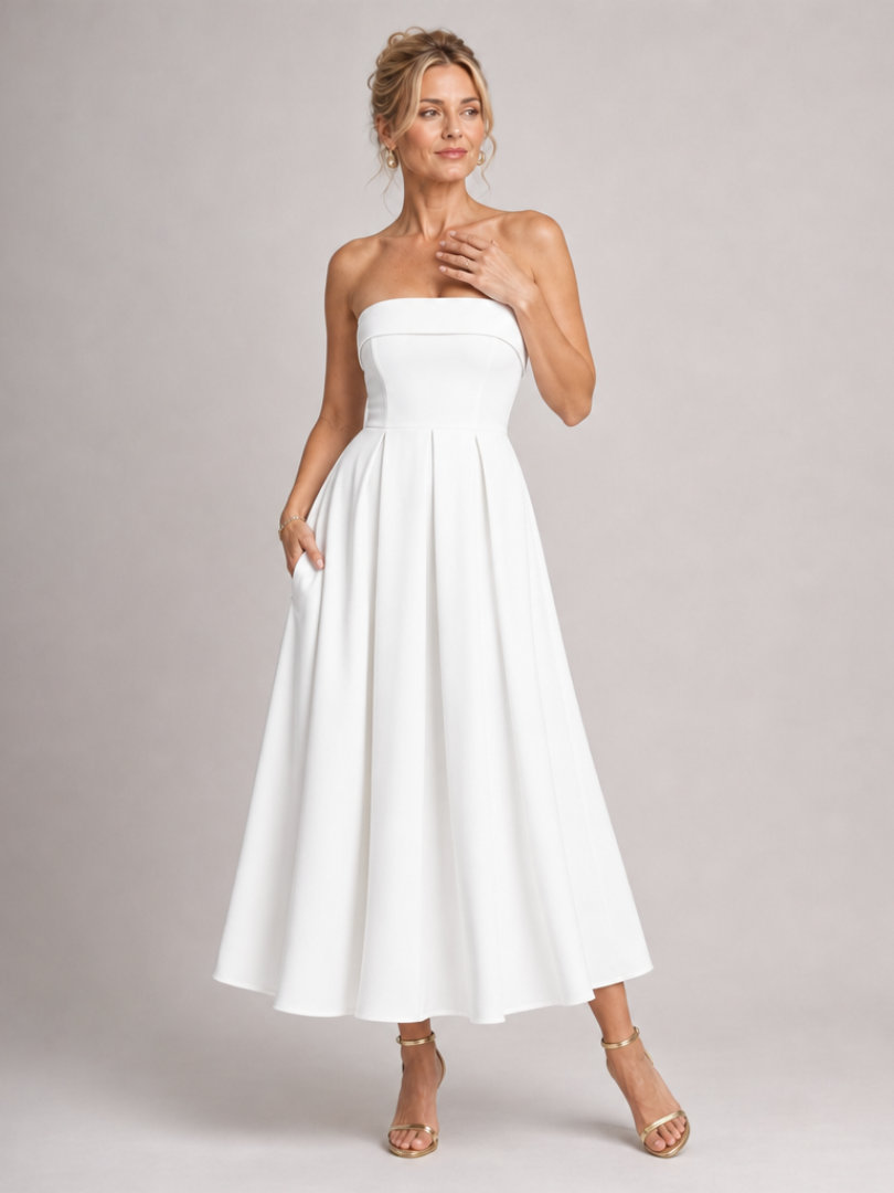 Sophisticated women's strapless structured bodice midi dress, a stunning option for formal parties.