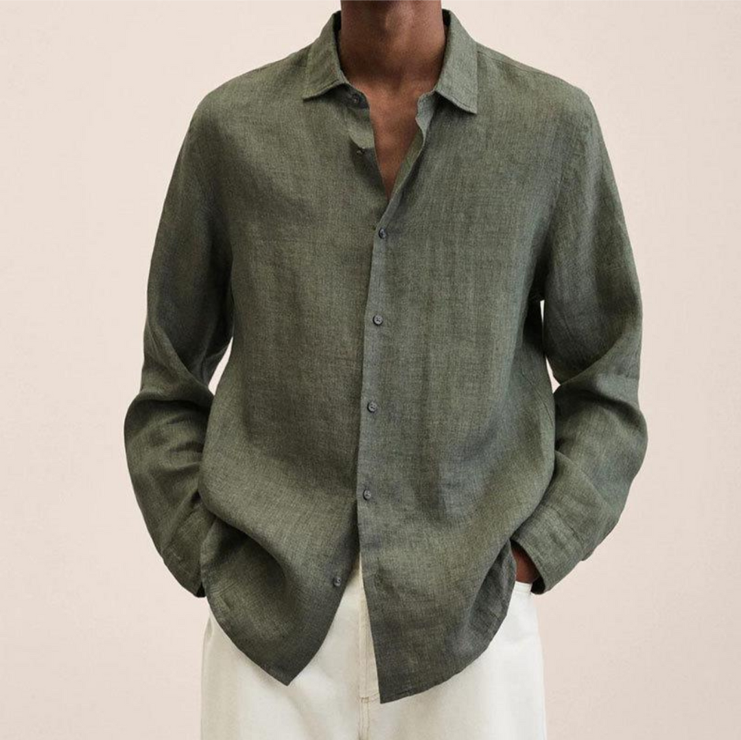 Men's long-sleeve button-up shirt with rolled sleeves, showcasing a relaxed yet stylish look.