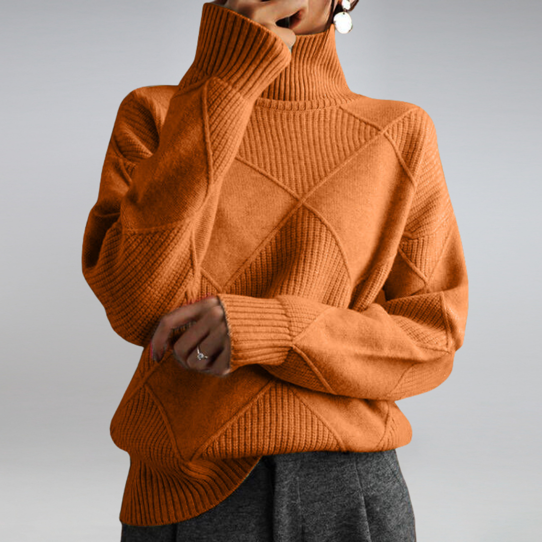 Elegant women's oversized turtleneck sweater, cozy knit for fall & winter. Relaxed fit long sleeve pullover.