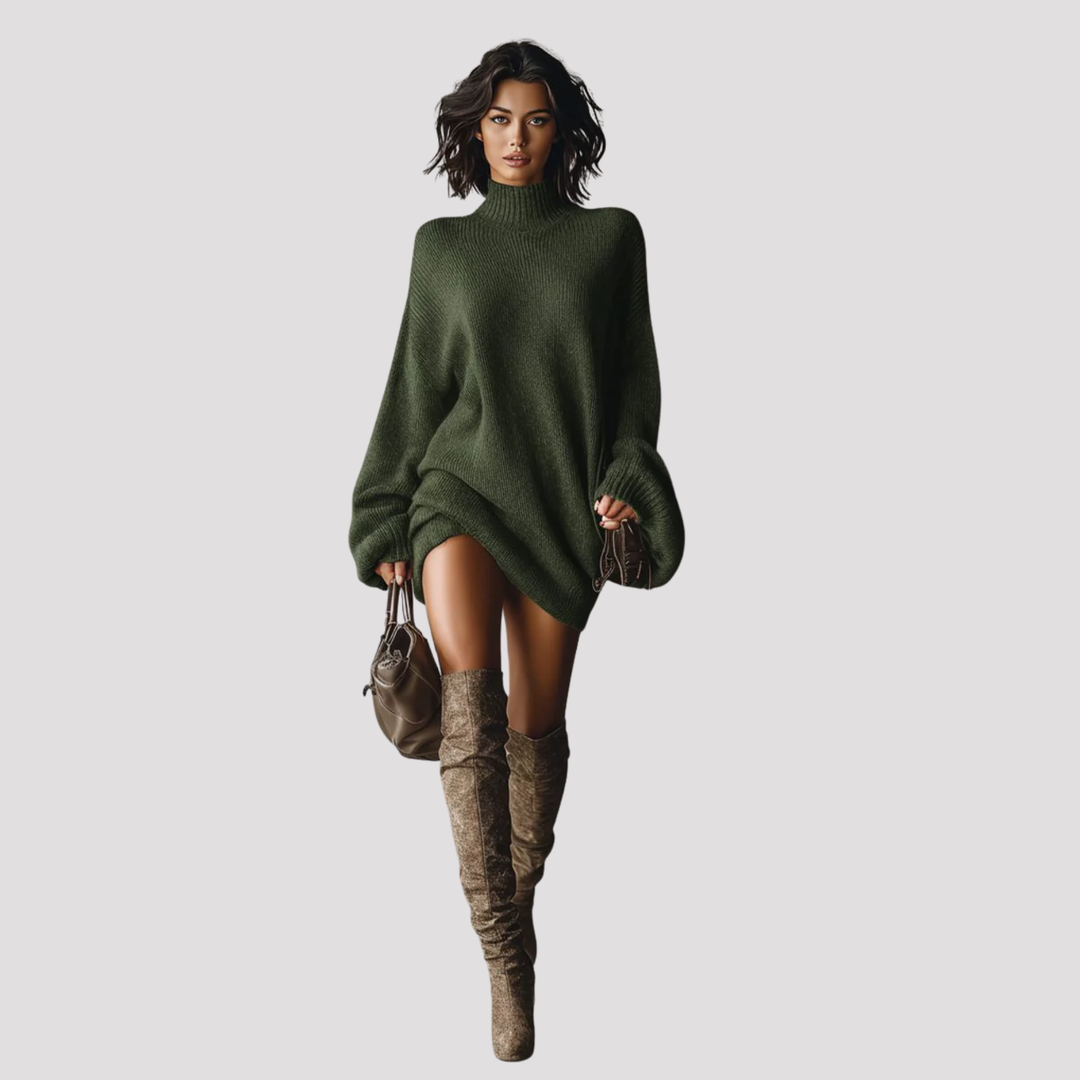 Oversized women's knit turtleneck mini dress. Long sleeve and cozy, perfect for fall and winter casual outfits.
