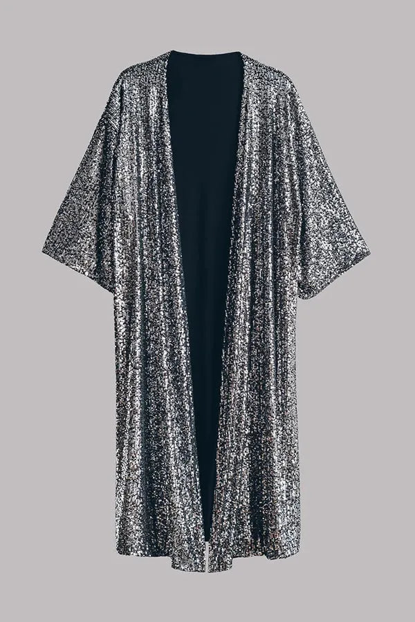 Fashion-forward women's sequined kimono outerwear, featuring a dazzling shimmer and a distinctive keyhole.