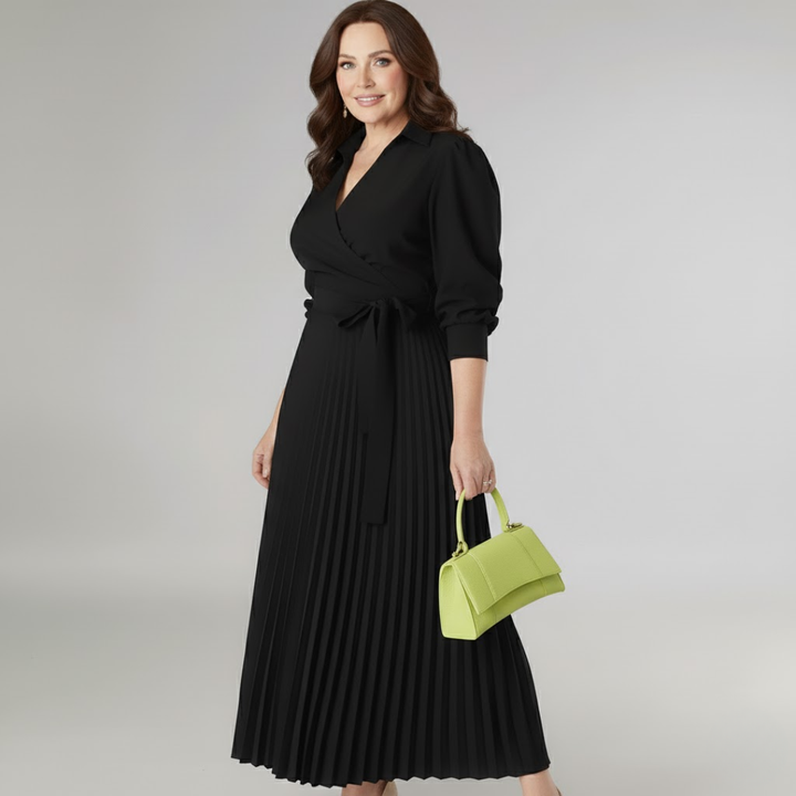 Elegant women's pleated midi wrap dress with V-neck, three-quarter sleeves, and tie waist. Perfect for parties.