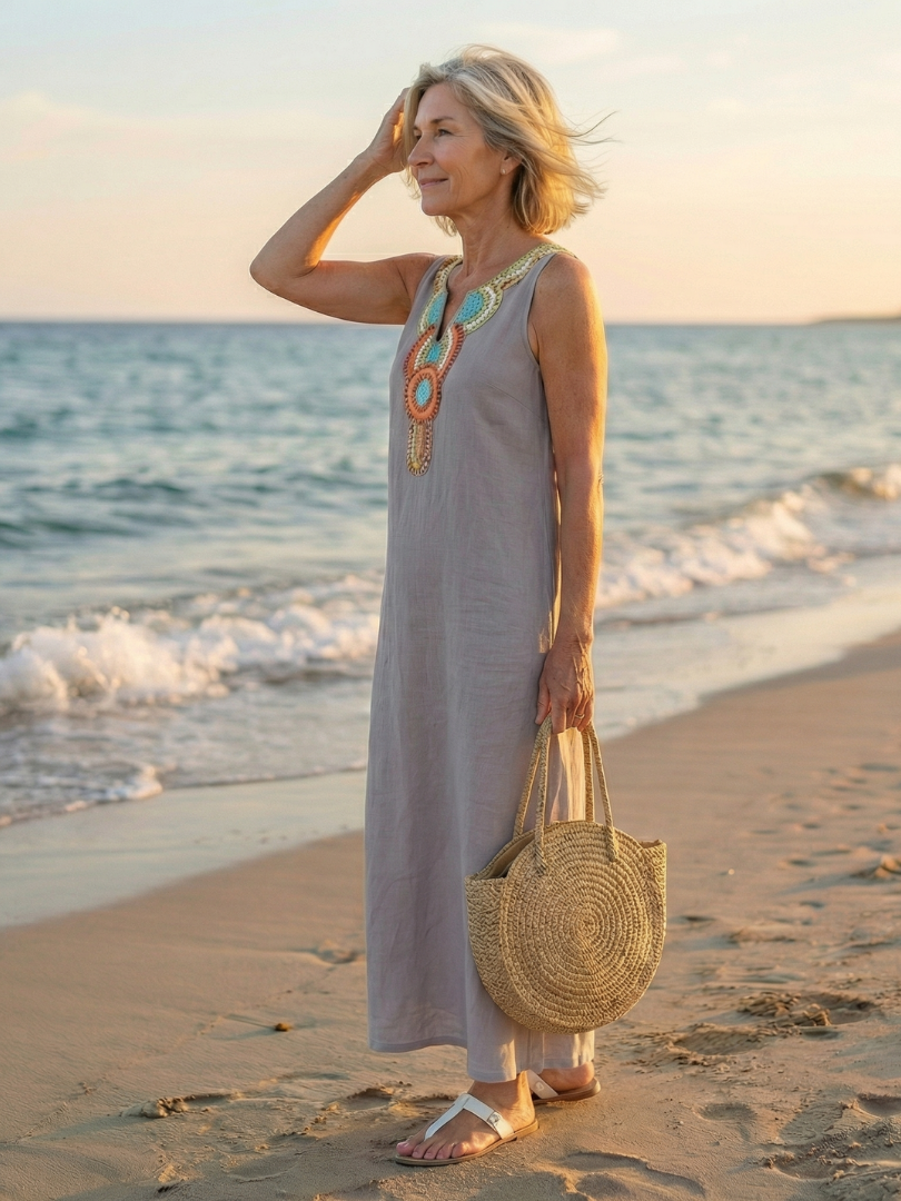 Effortless sky blue flowy midi dress for women, sleeveless with beautiful white embroidery, relaxed fit.