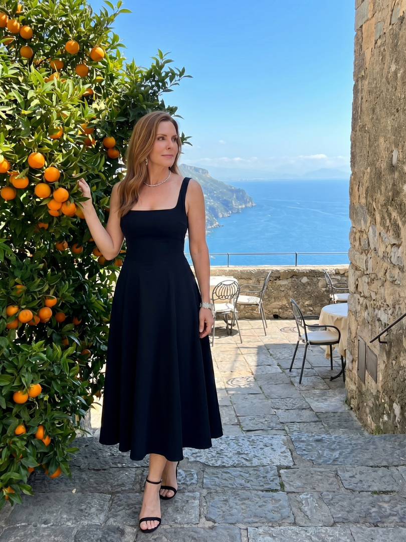 Fashionable women's sleeveless square neck midi dress with a beautiful flared design, perfect for events.