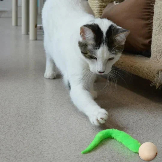 Feline enrichment interactive cat toy with a wagging tail and bell for stimulating play and activity.