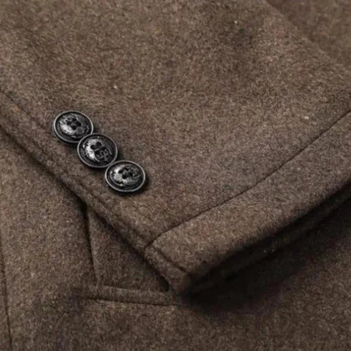 Durable men's mid-length overcoat, featuring a stand collar for timeless fall/winter fashion.