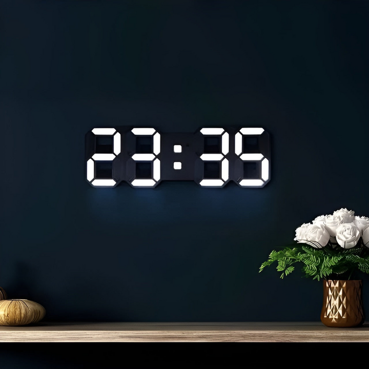 Modern 3D LED wall clock showing a bright digital time display. Smart, minimalist, and futuristic design.