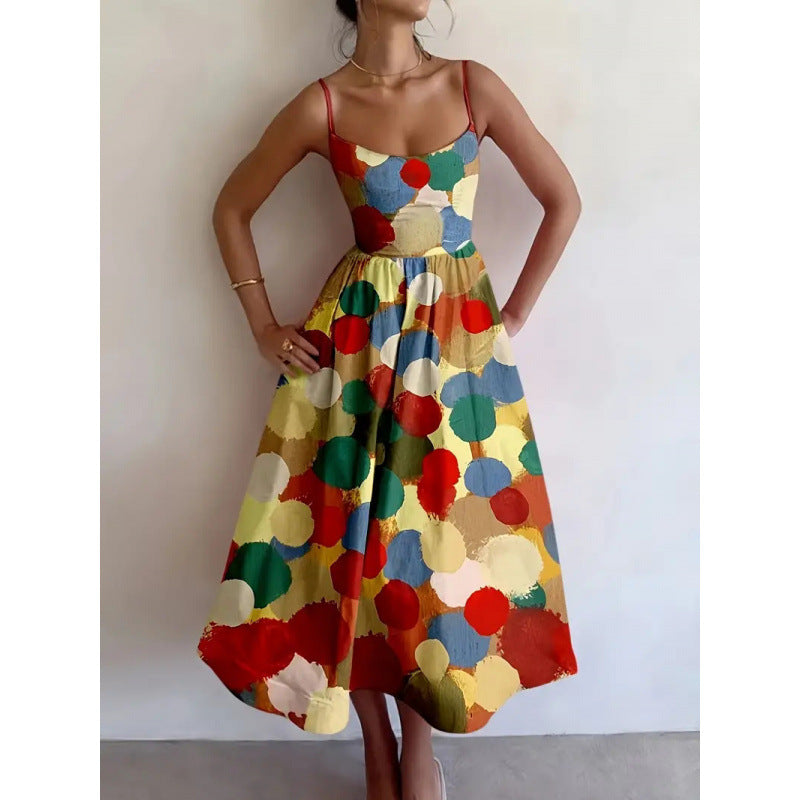 Women's Painted Joy Midi Dress with vibrant artistic print, perfect for summer vacations. Elegant sleeveless A-line style.