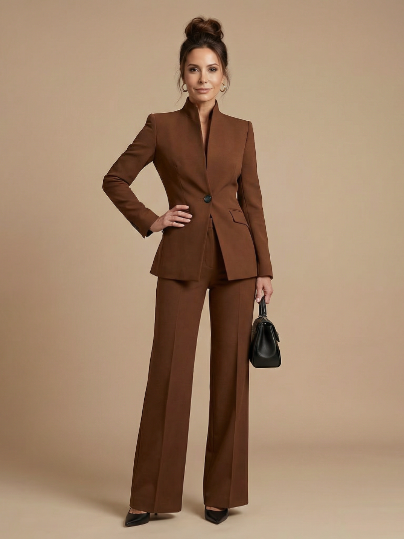 Formal women's tailored suit set for business, with a stand collar jacket & elegant flared pants.