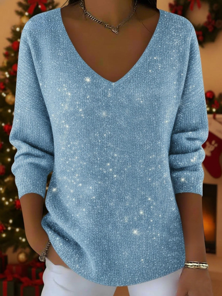 Elegant women's V-Neck sequin long sleeve blouse. Sparkly relaxed fit top, perfect for evening events.