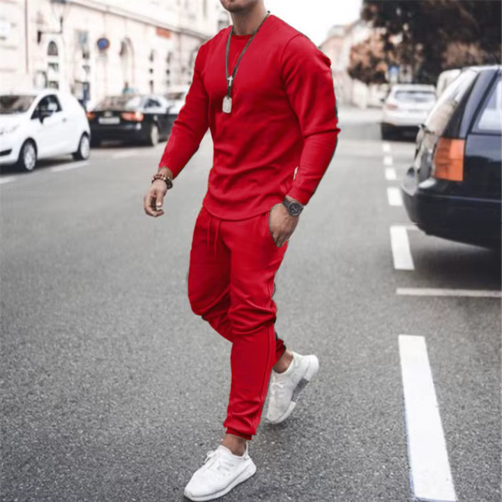 Men's casual matching cotton two-piece set with a relaxed long sleeve top and comfortable pants.