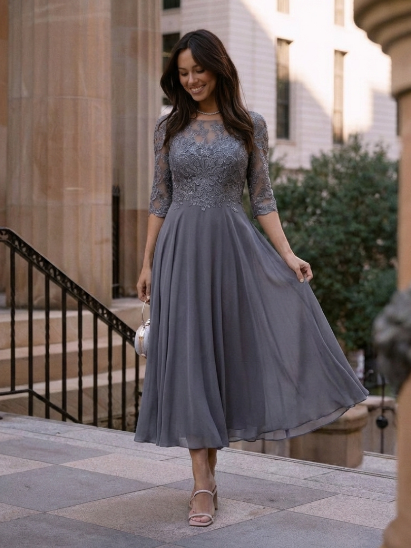 Formal women's blue midi dress, elegant lace bodice & sheer sleeves. Perfect for special occasion or cocktail party.