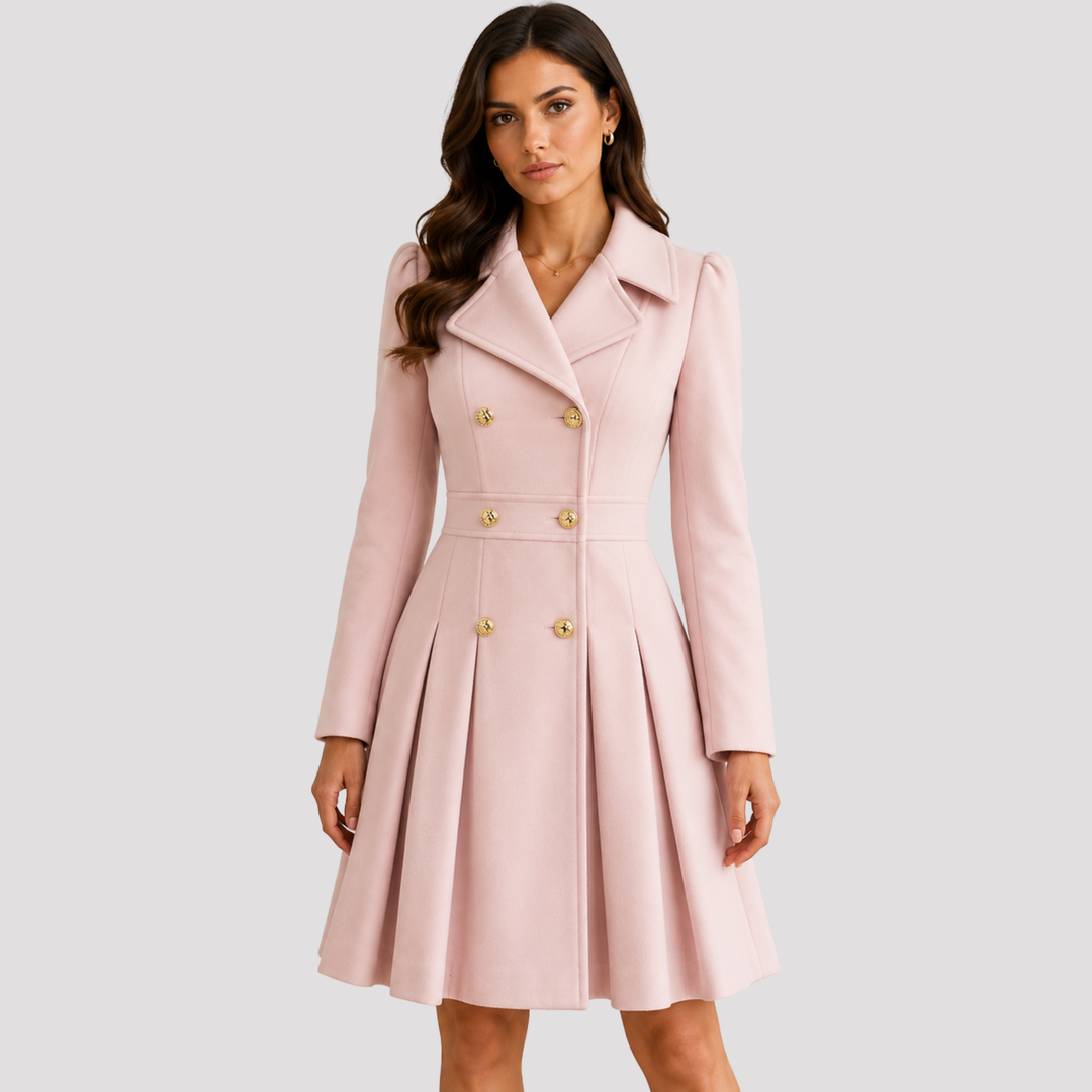 Women's elegant tailored double-breasted long-sleeve coat dress, ideal for sophisticated party and formal events.