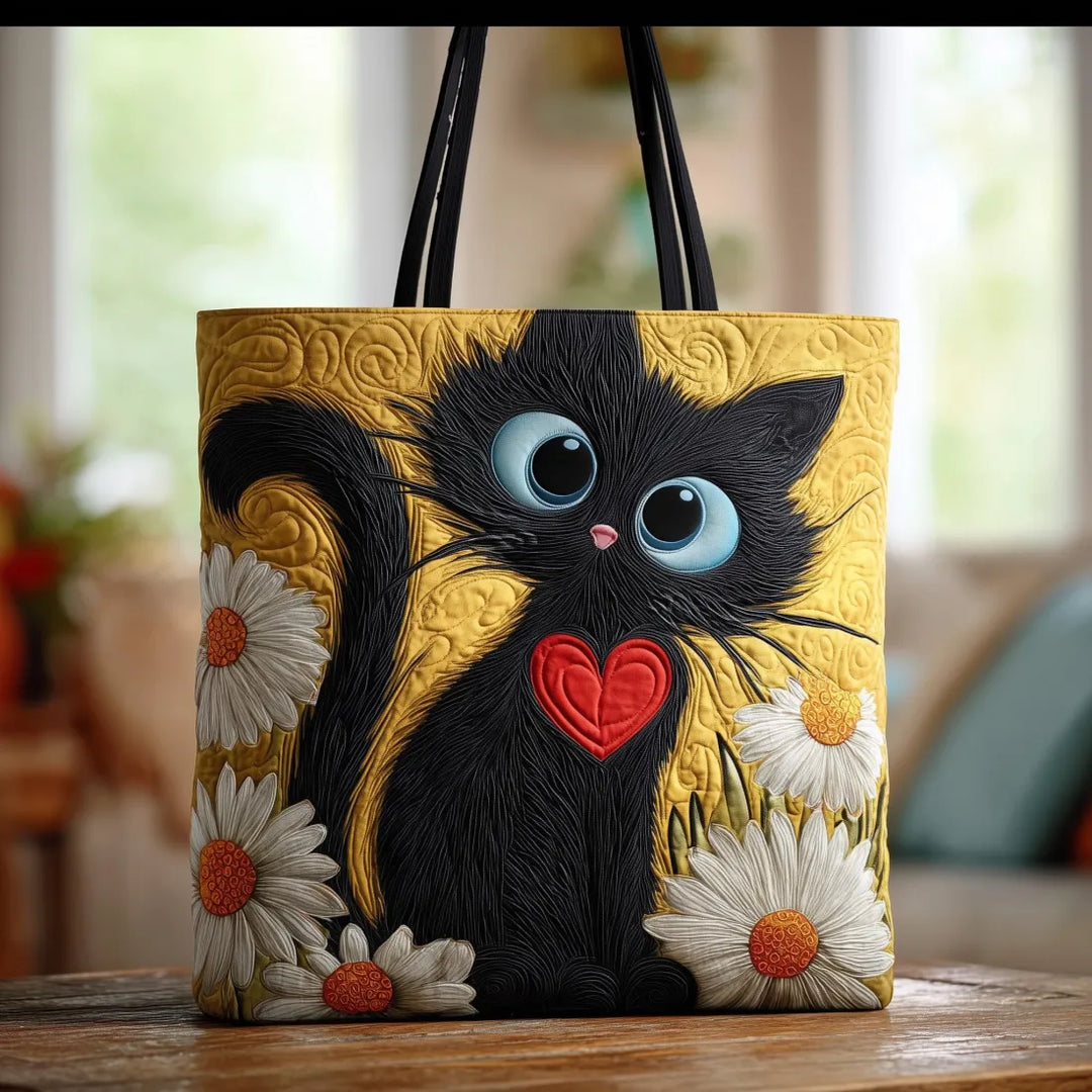 Women's handcrafted black cat shoulder bag with heart & daisy design. Cute, unique everyday tote handbag.