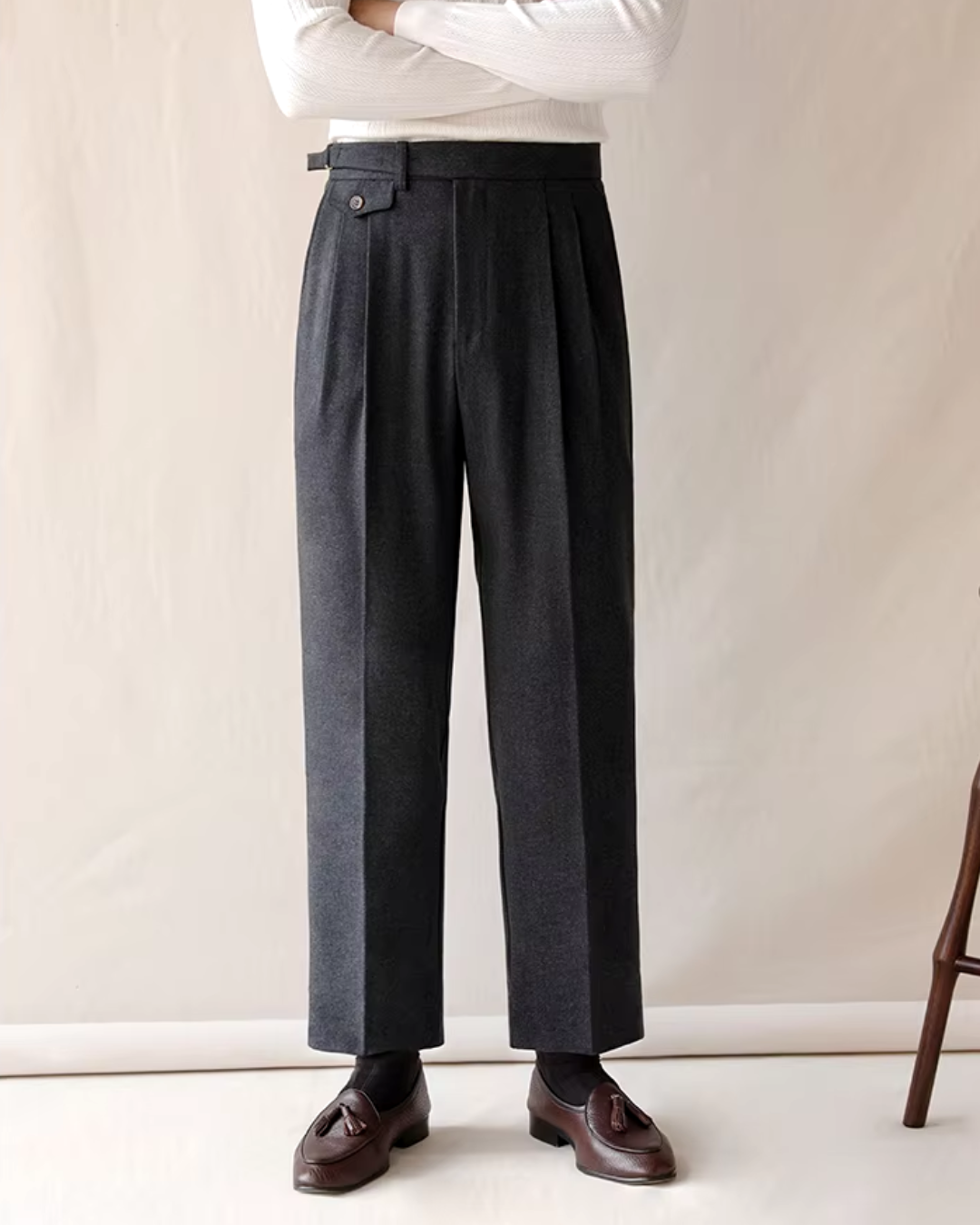 Black men's pleated dress pants, smart casual straight fit, adjustable waist. Essential men's fashion.