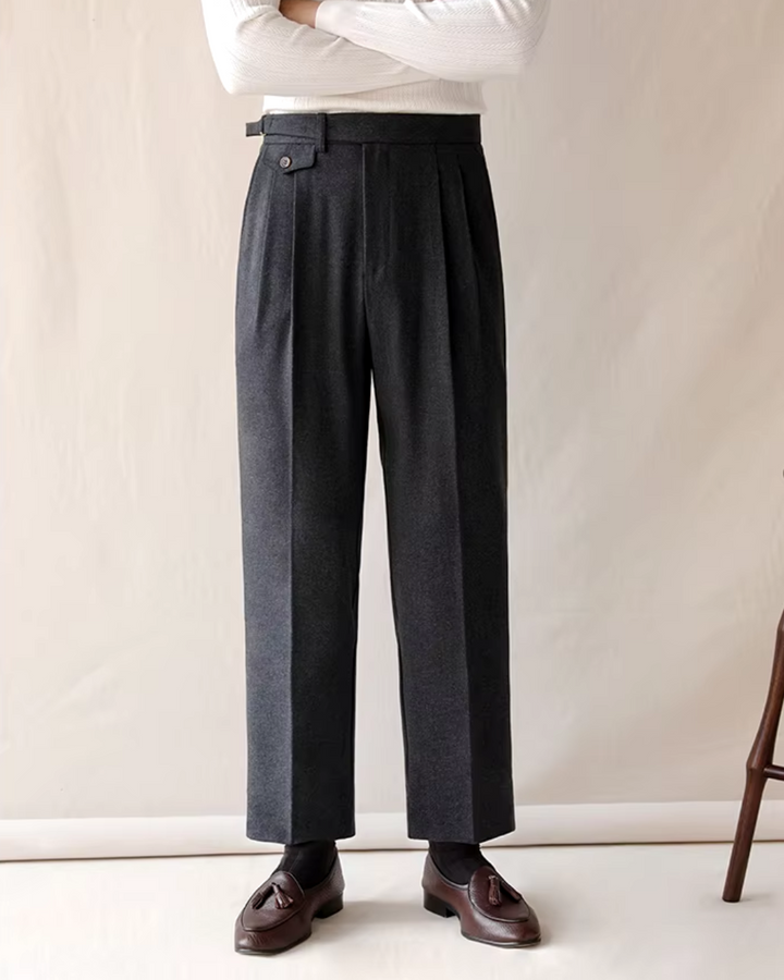 Black men's pleated dress pants, smart casual straight fit, adjustable waist. Essential men's fashion.