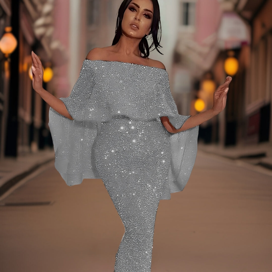 Full-length shot of an elegant women's off-shoulder ruffle dress, perfect for any special occasion.