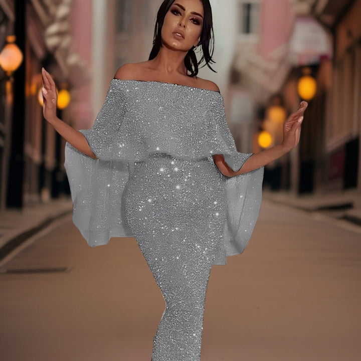 Full-length shot of an elegant women's off-shoulder ruffle dress, perfect for any special occasion.